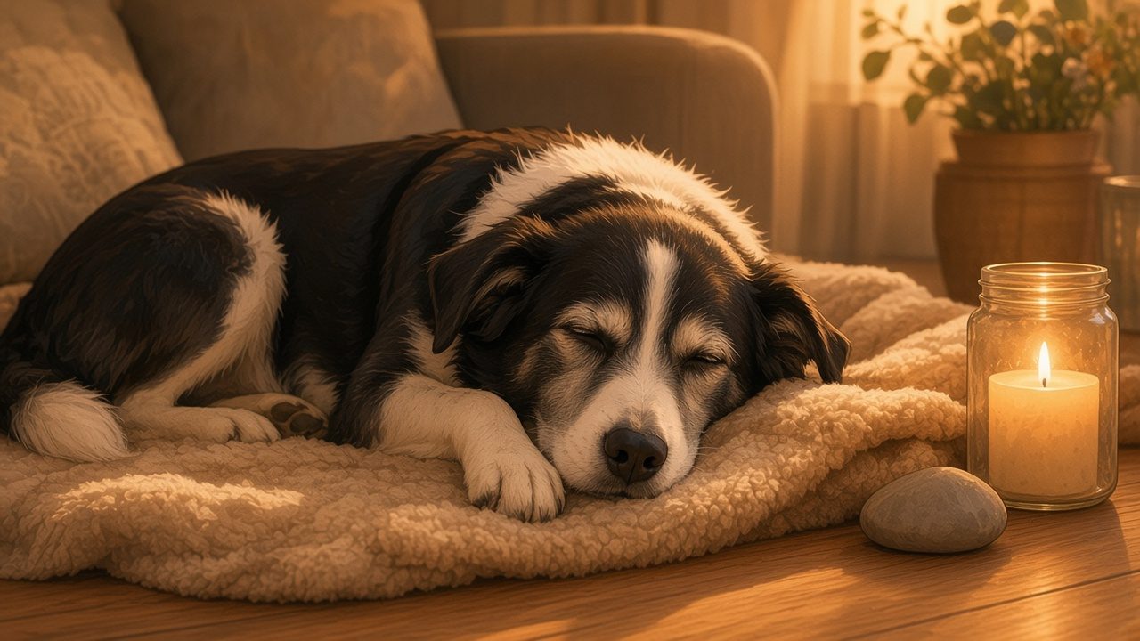 An older black and white mixed breed dog resting peacefully on a soft blanket beside a candle and a single smooth stone