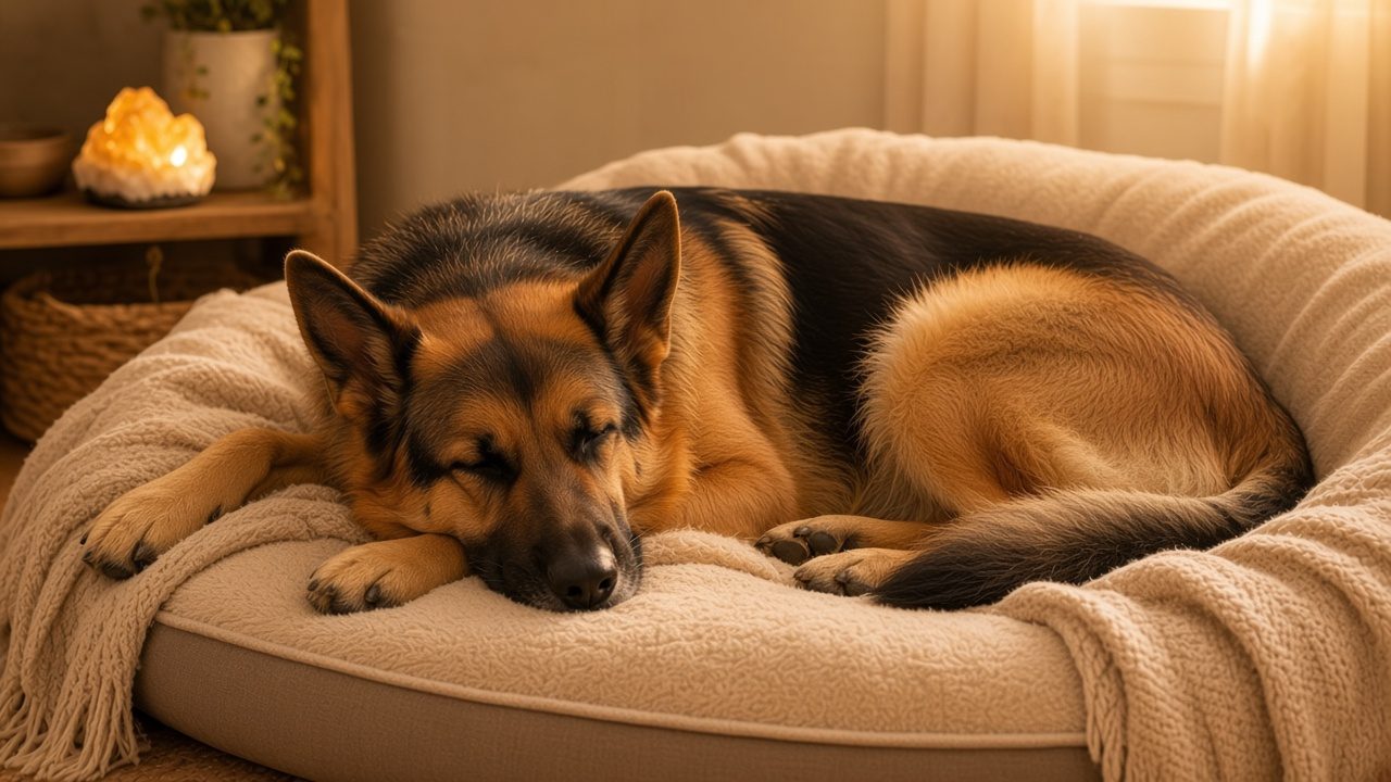 A German shepherd resting comfortably in a soft bed with a knit blanket, with a small citrine cluster glowing on a shelf