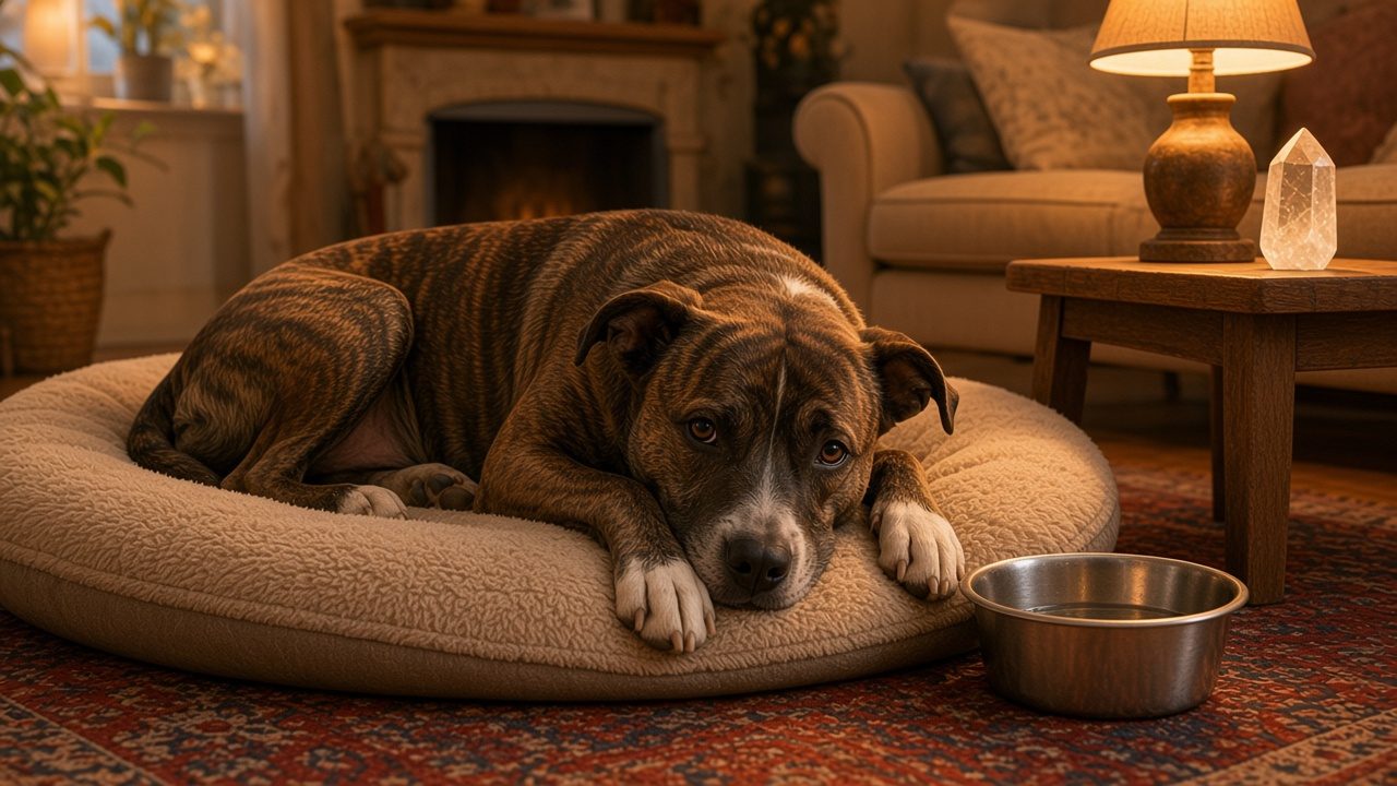A brindle rescue dog settling into a plush bed by a water bowl, cautious but relaxing, with one clear quartz point on a side table