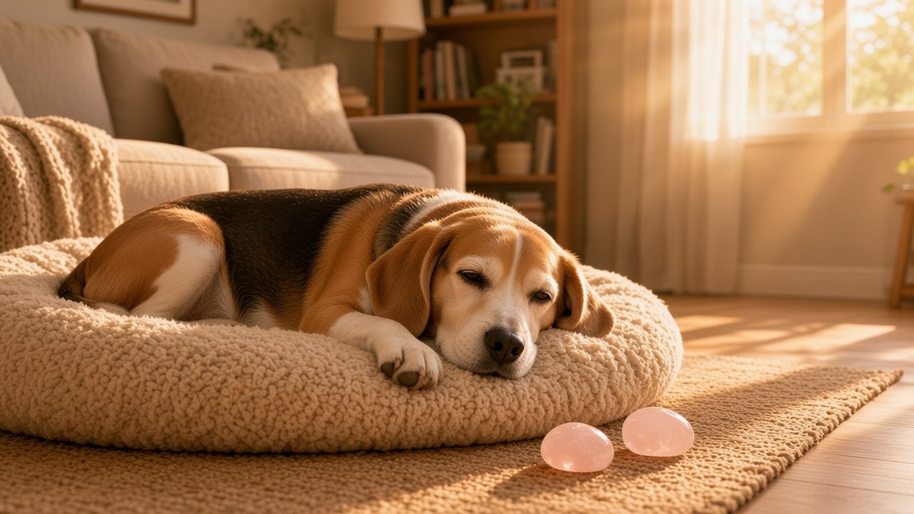 A senior beagle resting calmly on a round bed in a sunny living room, with two rose quartz stones on the rug