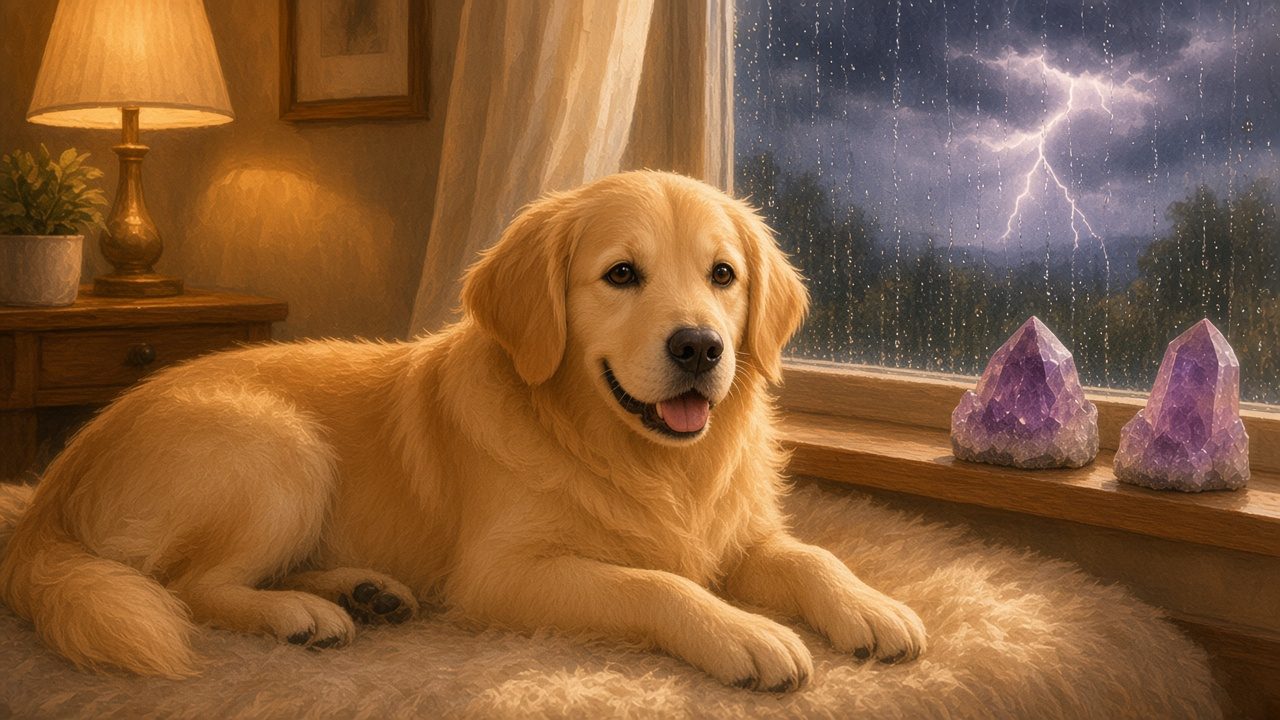 A happy golden retriever relaxing on a soft rug by a rainy window, with small amethyst clusters on the windowsill