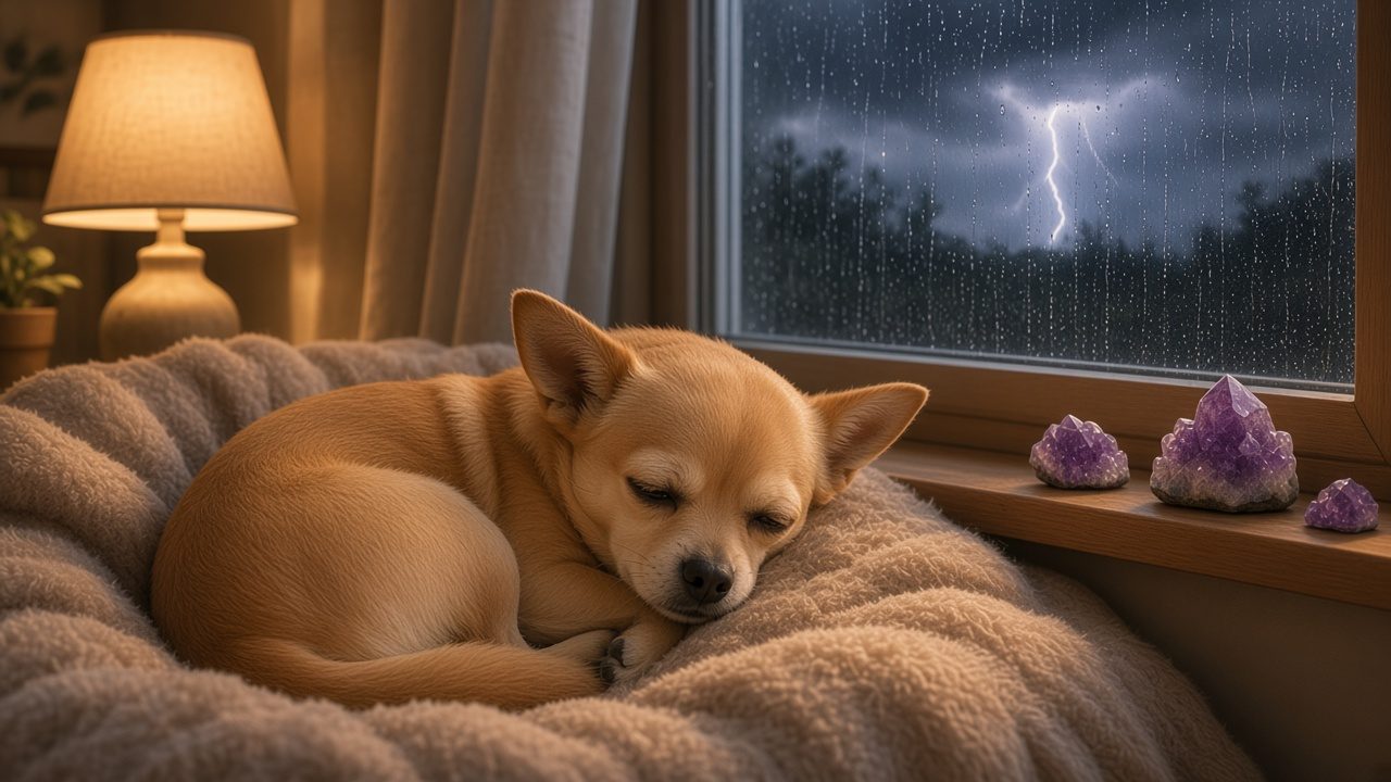 A small tan chihuahua mix curled up asleep on a soft blanket by a stormy window, relaxed and settled, with small amethyst clusters on the sill